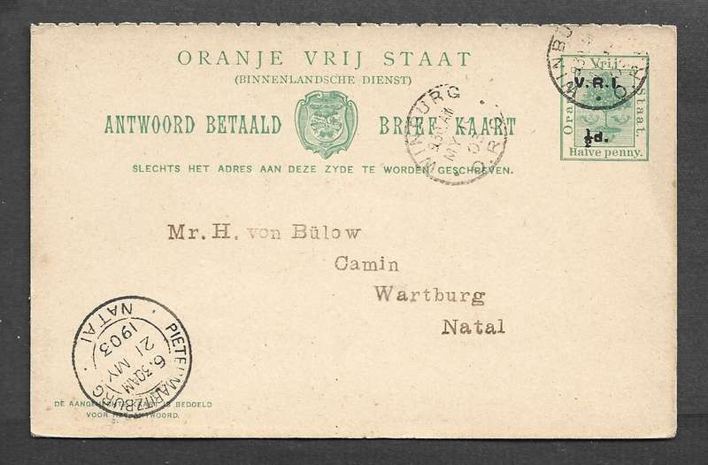 O.R.C VRI 1/2d reply card of 1898, used WINBURG O.R.C. MY 18 03 cds > Wartburg Natal P M B transit