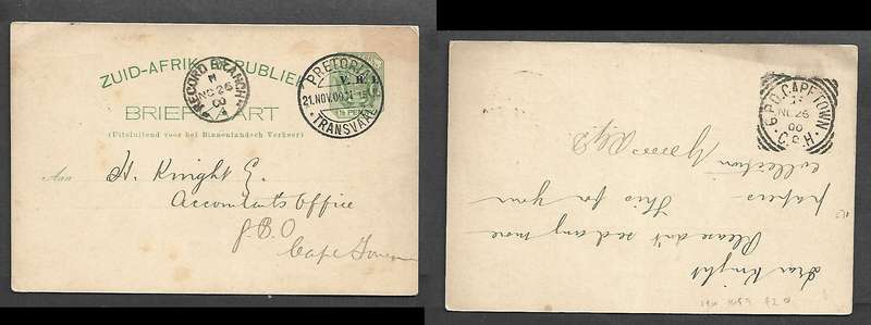 South Africa, Transvaal, VRI 1/2d card PRETORIA 21NOV00>G.P.O. CAPE TOWN sq.cds & RECORD BRANCH cds