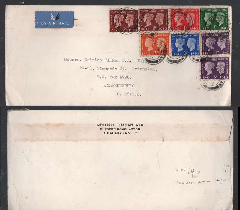 Great Britain, Stamp Centenary, 1s3d air mail BIRMINGHAM 14 MY 40 cds > S.Africa