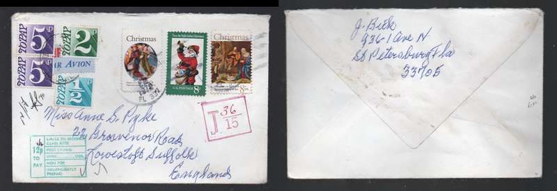Great Britain, 1972  12 1/2p postage due LOWESTOFT d.s. on under franked U.S.A. cover, US & UK taxe
