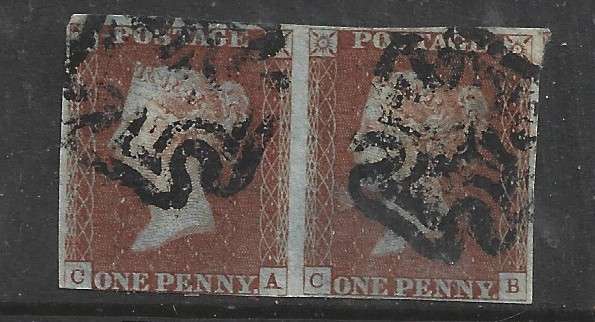 Great Britain  VRI   1841, 1d red-brown, blued, pair, 3.5 margins, used