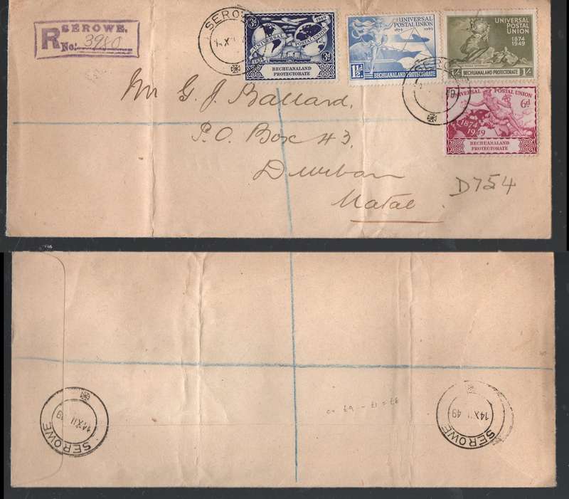 Bechuanaland cover U.P.U. set, registered SEROWE 14 XII 49> Durban
