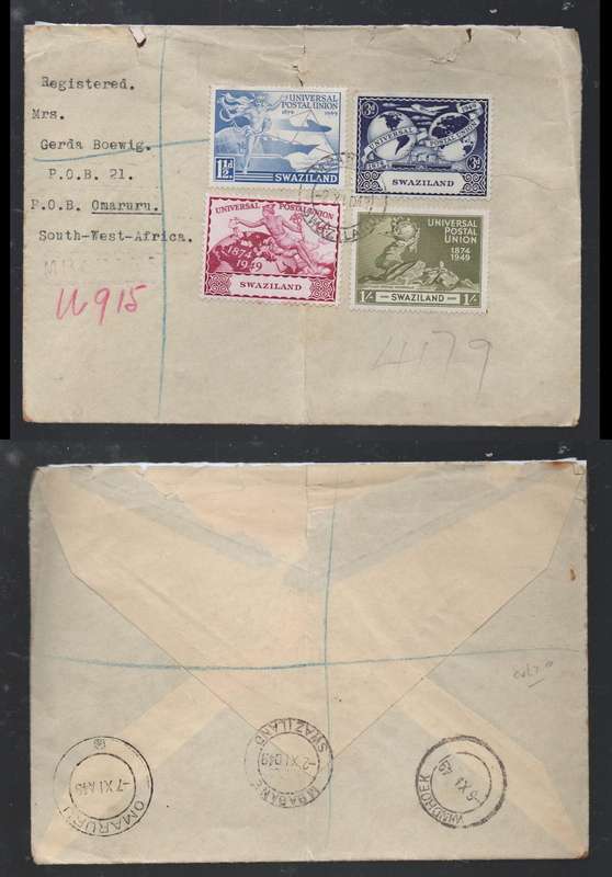 Swaziland cover U.P.U. set, registered MBABANE 2 XI 49 cds > OMARURU (swa), WINDHOEK transit