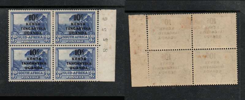 Kenya Uganda Tanganyika, 1941, 10c overprint on 3d of S. Africa, MH*, block,  sheet number
