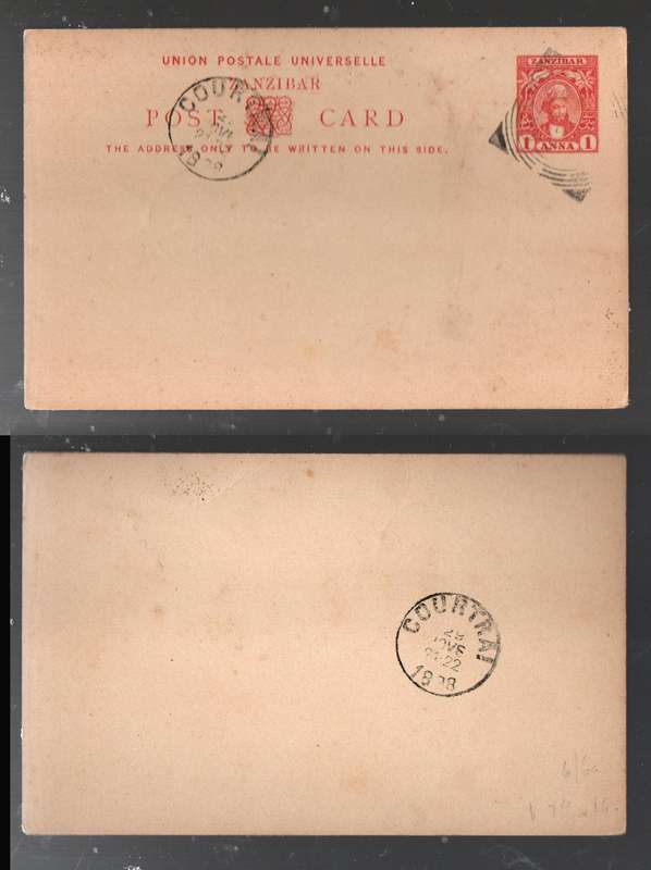 Zanzibar, 1 anna, postal stationery card, ZANZIBAR date ? sq.c.d.s., > COUTRAI 29 NOVE 1898 arrival
