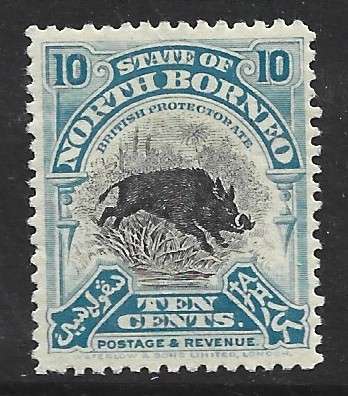 North Borneo 1908, 10 cents, wild pig, MH *