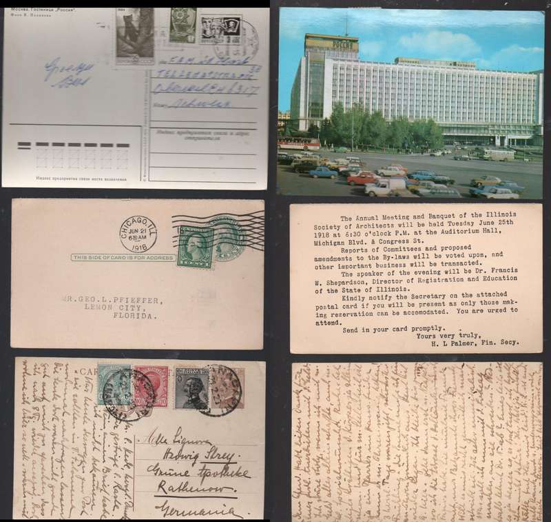 U.S.S.R. 1980s, Italy 1923, U.S.A. 1918, postal stationery postcards, uprated with stamps