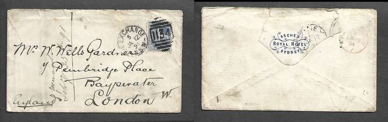 Australia New South Wales, 2 1/2d duplex THE EXCHANGE JA 12 91 & 1134> UK, PADDINGTONcds
