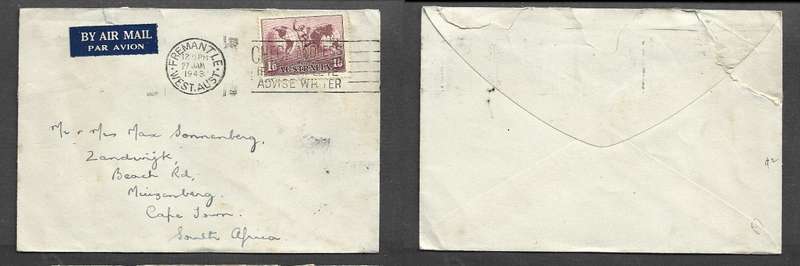 Australia 1'6 air mail FREEMANTLE WEST AUSTRALIA 27 JAN 1948 &CHECK ADDRESS slogan> S.Africa