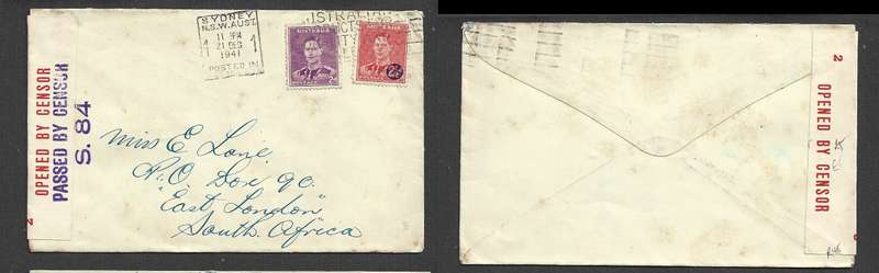 Australia 4 1/2d SYDNEY 21 DEC 1941> S.Africa  OPENED BY CENSOR, PASSED BY CENSOR S.84 violet h/s