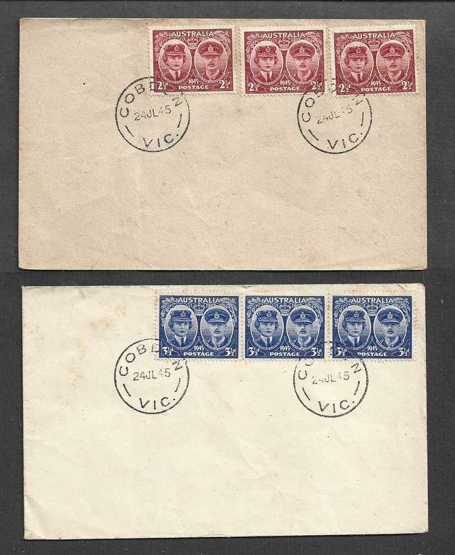 Australia, Visit of Duke & Duchess of Glouster, 2 covers 2 1/2d, 3 1/2d, COBDEN 24 JUL 45 c.d.s.