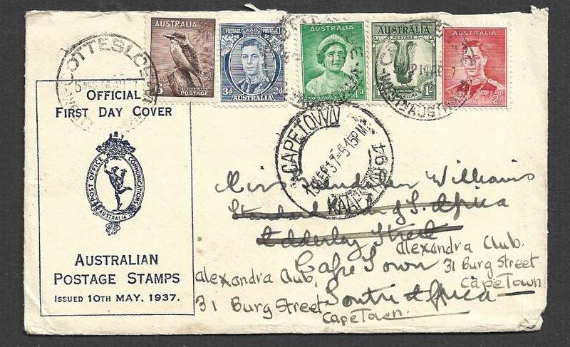 Australia, 5 colour, 2/-, COTTESLOE W.A.  ??? > S. Africa, re-directed CAPETOWN 19.SEP 37