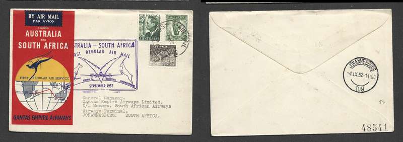 Australia, 1st Flight,  1 SE 52 cds > S. Africa, return flight JOHANNESBURG 5 IX.53 > Australia
