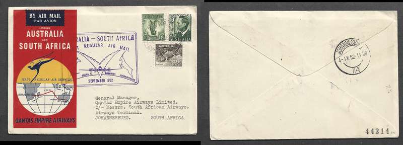 Australia, 1st Flight,  1 SE 52 cds > S. Africa, return flight JOHANNESBURG 5 IX.53 > Australia