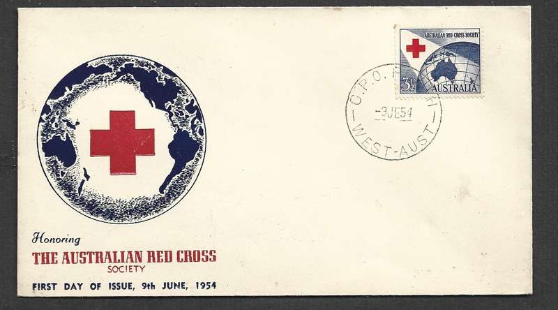 Australia, 1954, Red Cross, 3 1/2d, First Day Cover, G.P.O. PERTH WEST AUST 9 JE 54 c.d.s.