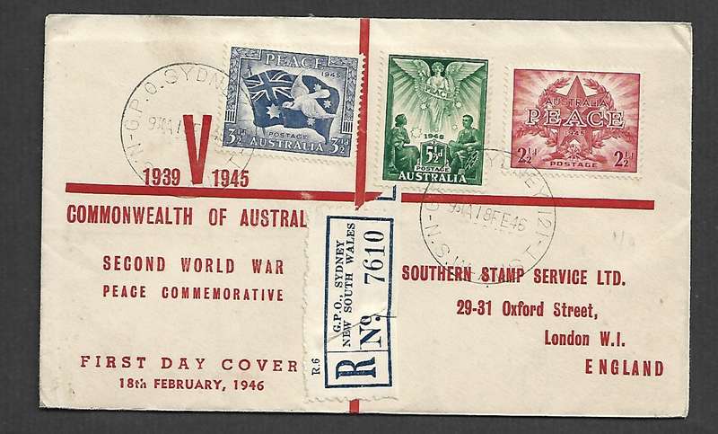 Australia, 1946, Peace Commemorative, First Day C, G.P.O. SYDNEY NSW 18 FE 46 c.d.s. registered> UK