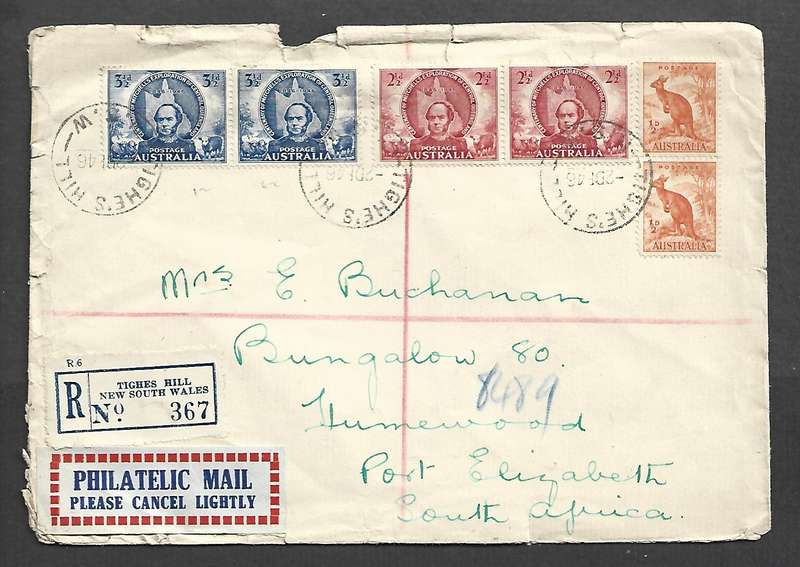 Australia, 1s1d, registered, TIGHE'S HILL NSW 2DE 46 cds > S. Africa