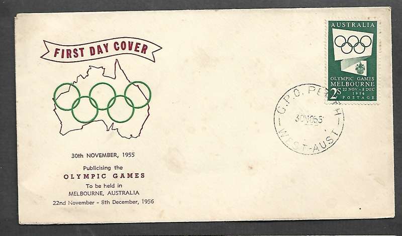 Australia Melbourne Olympics, 2/- green, 1st day, G.P.O. PERTH WEST AUST 30 NO 56, cds