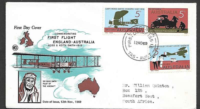 Commemorating 1st flight England - Australia FDC LAUNCESTON TAS 12 NO 69, cds > South Africa