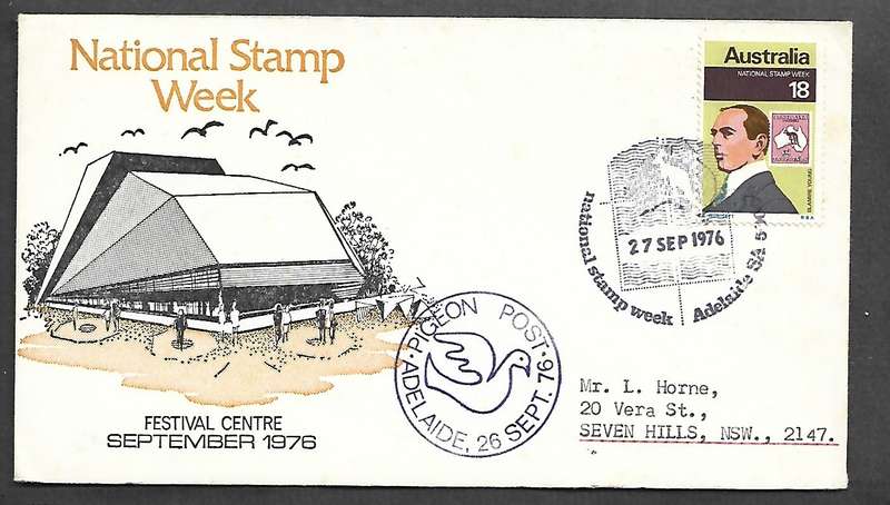 Australia  NATIONAL STAMP WEEK ADELAIDE SA  27 SEP 1976 c.d.s., PIGEON POST ADELAIDE 26 SEPT 76