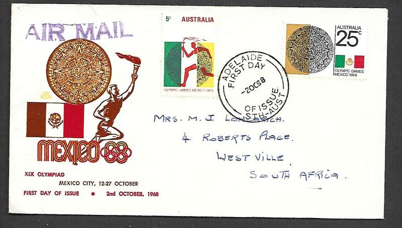 Australia  1968 Mexico Olymiad FDC, ADELAIDE 2 OC 68 c.d.s., > S. Africa