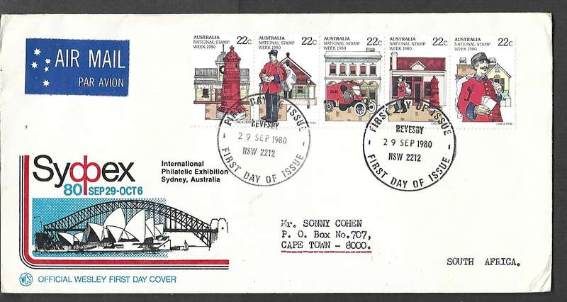 Australia SYDPEX 80, FIRST DAY OF ISSUE REVESBY NSW 2212 29 SEP 19 cds > S. Africa
