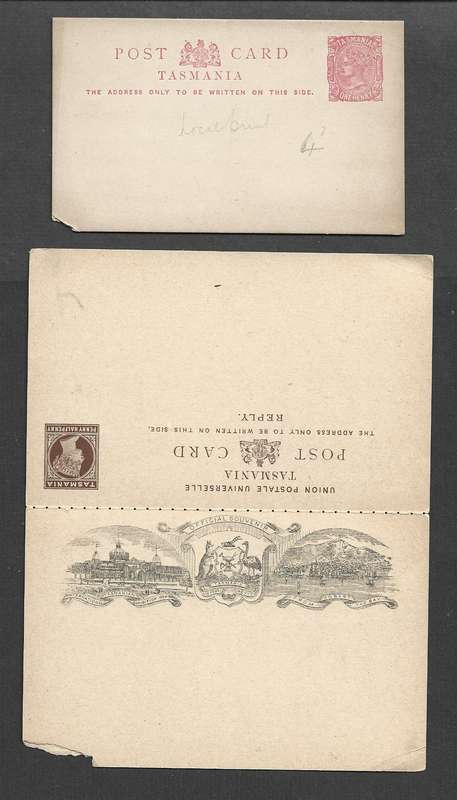 Australia Tasmania, 1/2d reply card, 1d postal card unused
