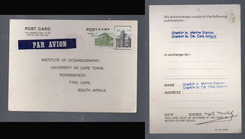 Ireland, card, air mail, 28p, Sherkin Is. Marine Station, Cork> Oceanography, U.C.T. S.Africa