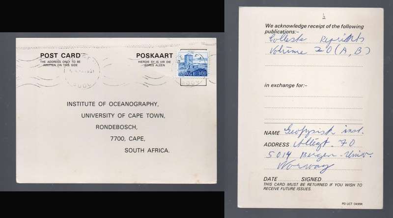 Norway , card, air mail, 3.00, > Oceanography, U.C.T. S.Africa