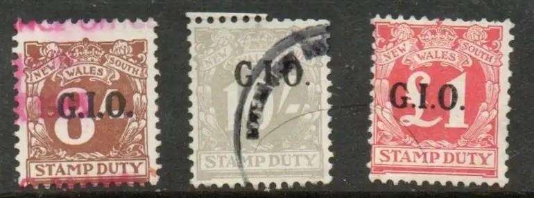 Australia New South Wales, Stamp Duty, 1929 8d 10/- £1, overprinted G.I.O. (General Insurance Office