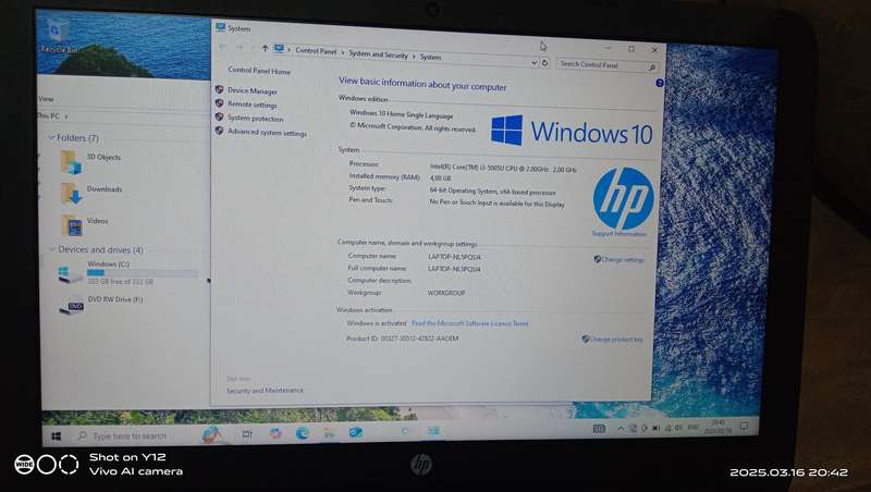 HP 250 G5, Intel i3-5005u (5th Gen) @ 2.0Ghz, 4GB RAM, 350GB HDD, 15.6