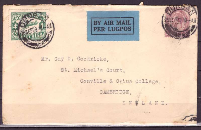 UNION  of South Africa.  Airmail from Durban to Cambridge 1929. Cover.
