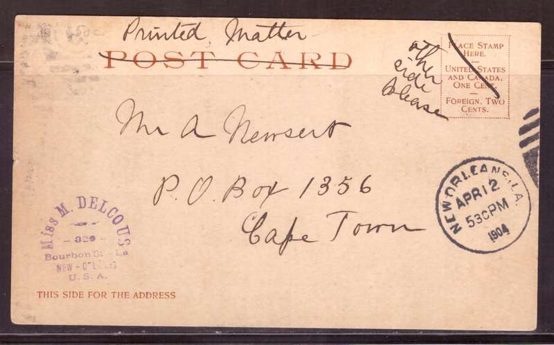 USA Post cart 1904 from  New Orlans too  Cape Town.