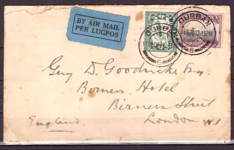 UNION  of South Africa.  Airmail from Durban to London 1930. Cover.