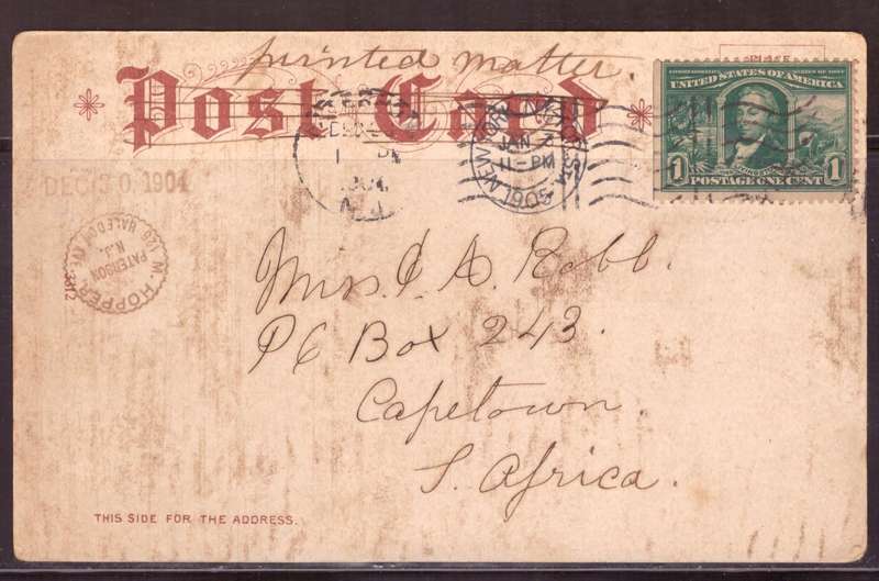 USA Post cart 1905  from  New York too Cape Town.