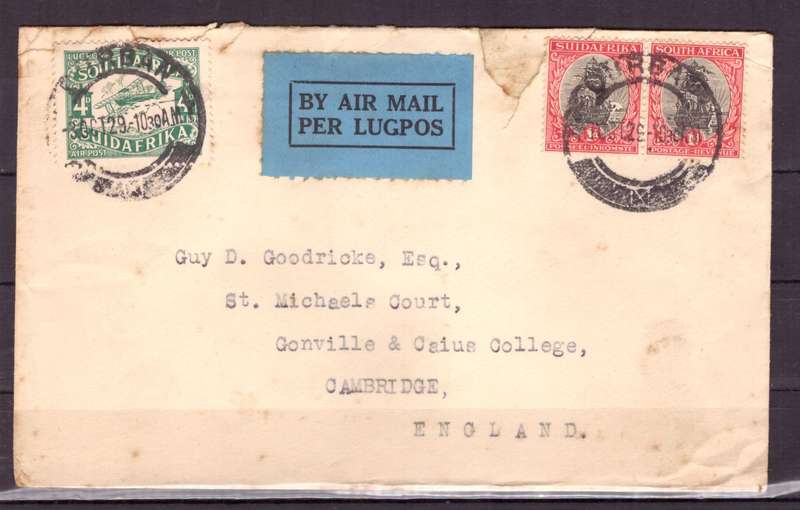 UNION  of South Africa.  Airmail from Durban to Cambridge 1929. Cover.