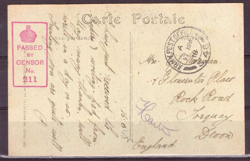 Post Cart from IWW {France} . ARMY POST OFFICE and CENSOR