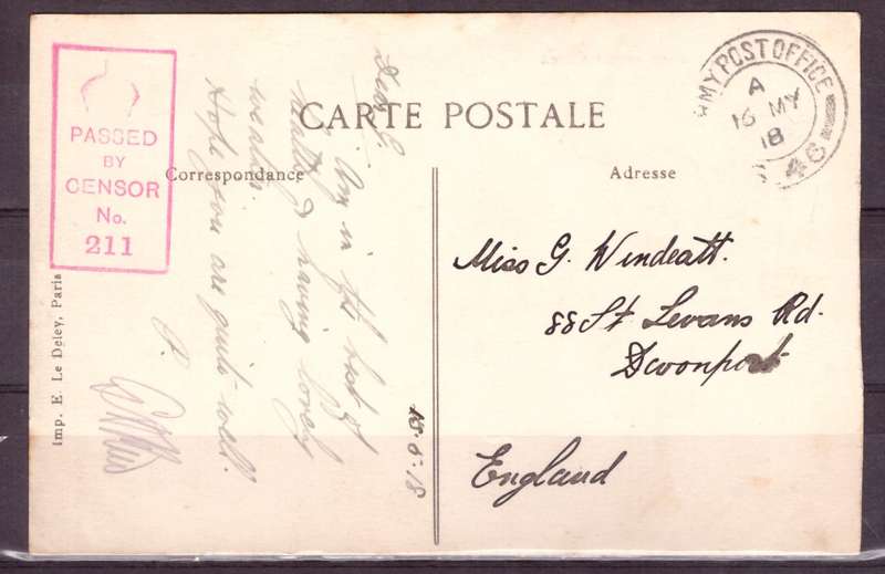 Post Cart from IWW {France} . ARMY POST OFFICE and CENSOR