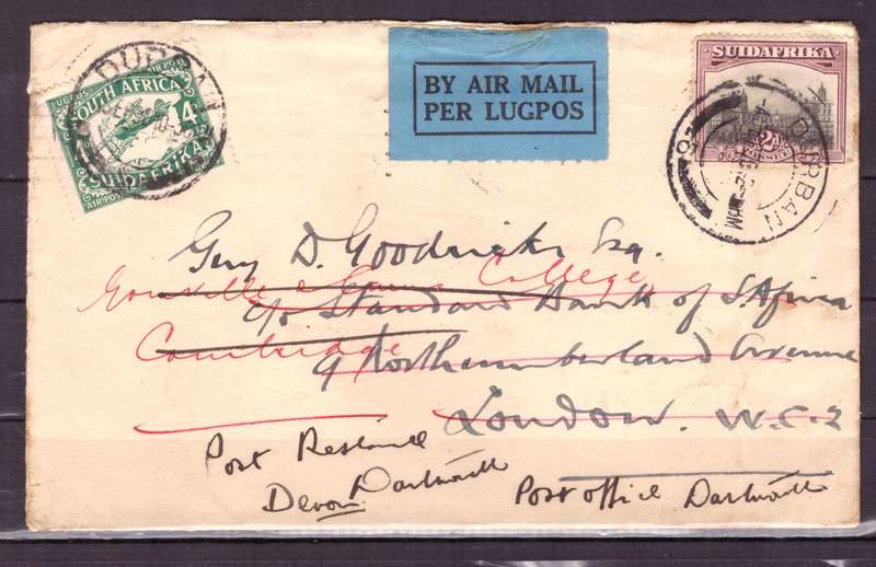 UNION  of South Africa.  Airmail from Durban to London 1930. Cover.