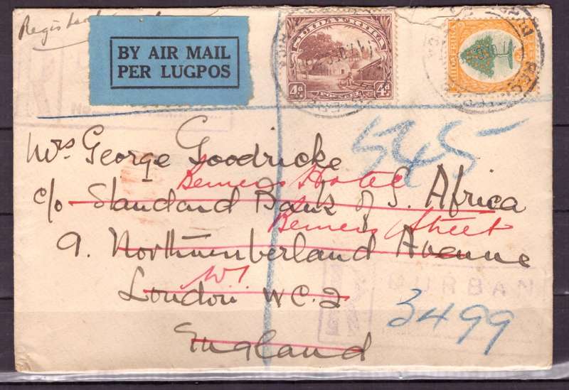 UNION  of South Africa.  Airmail from Durban to London 1930. Cover.