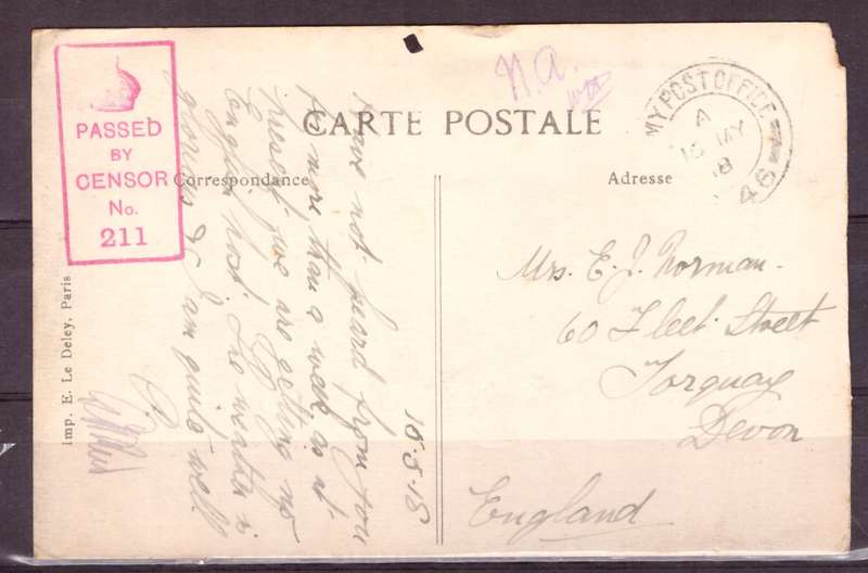 Post Cart from IWW {France} . ARMY POST OFFICE and CENSOR