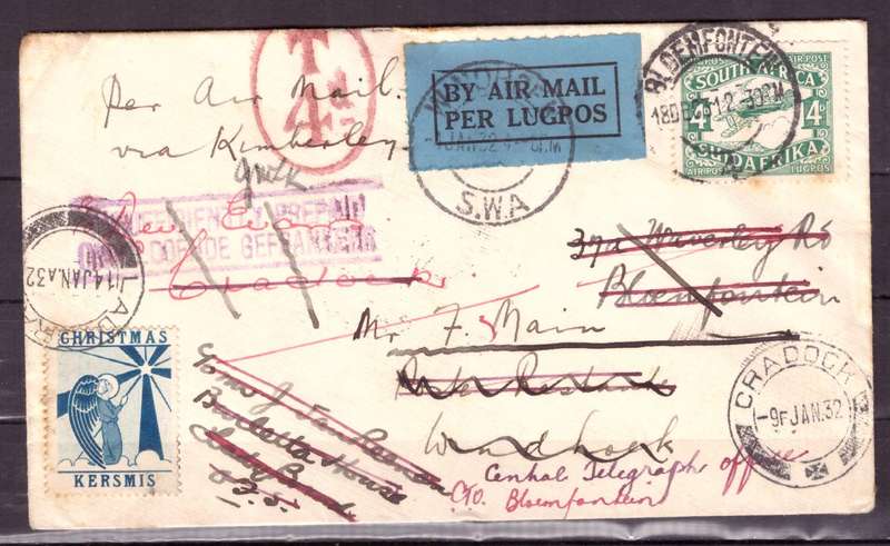 UNION  of South Africa.  Airmail from Bloemfontein to England 1932 . Cover.
