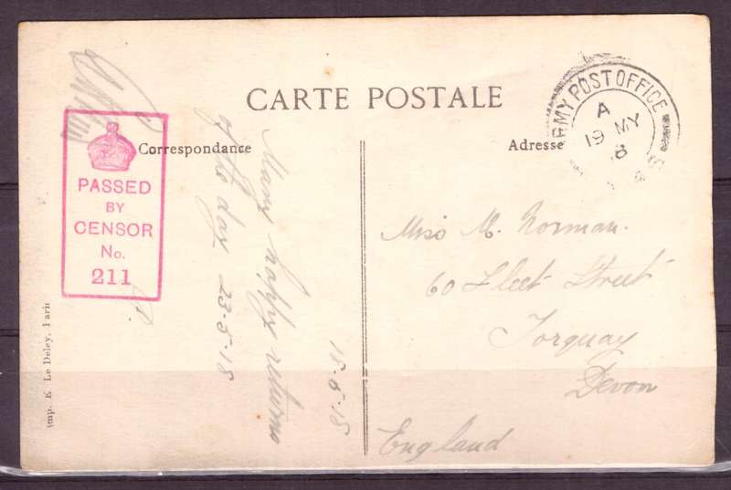 Post Cart from IWW {France} . ARMY POST OFFICE and CENSOR