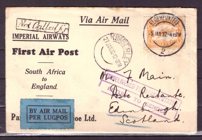 UNION  of South Africa.  Airmail from Bloemfontein to Scotland 1932 . Cover.