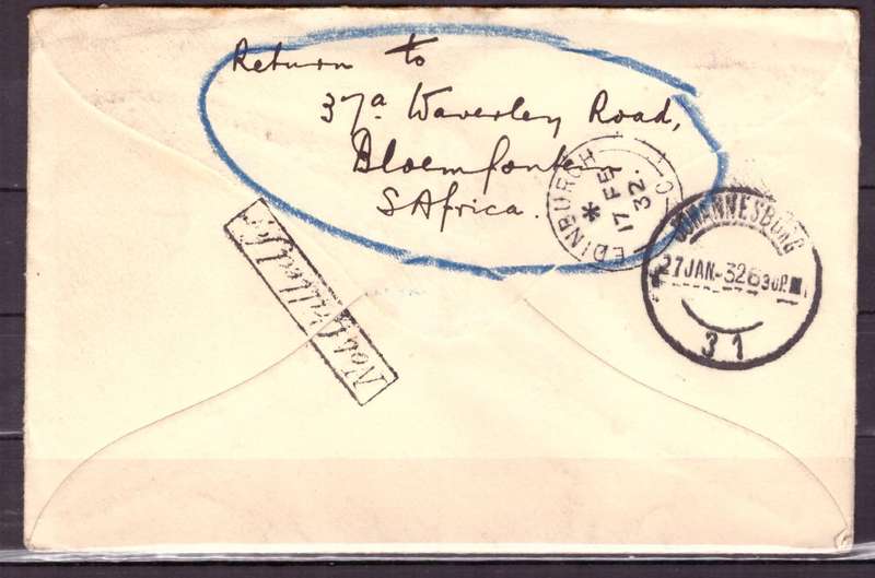 UNION  of South Africa.  Airmail from Bloemfontein to Scotland 1932 . Cover.