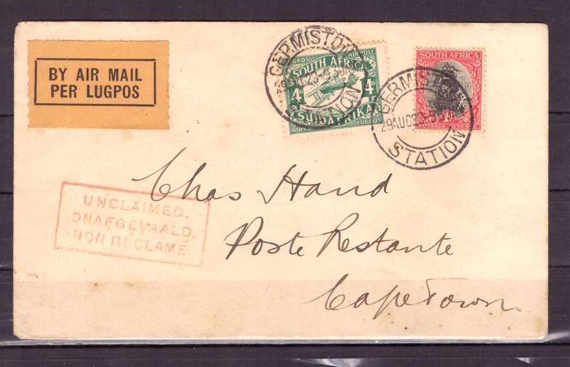 UNION  of South Africa.  Airmail from Germiston to Cap Town 1929. Cover.