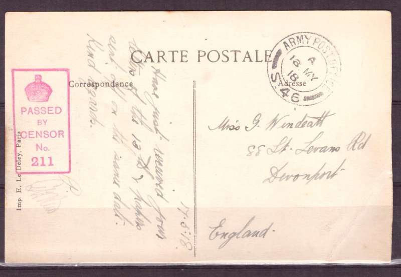 Post Cart from IWW {France} . ARMY POST OFFICE and CENSOR