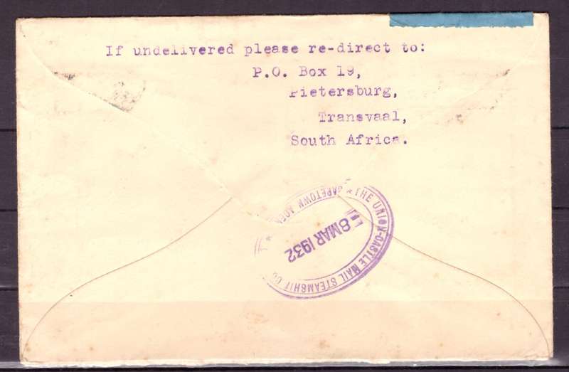 UNION  of South Africa.   Pietersburg to England 1932 . Cover.