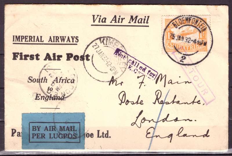 UNION  of South Africa.  Airmail from Bloemfontein to England 1932 . Cover.