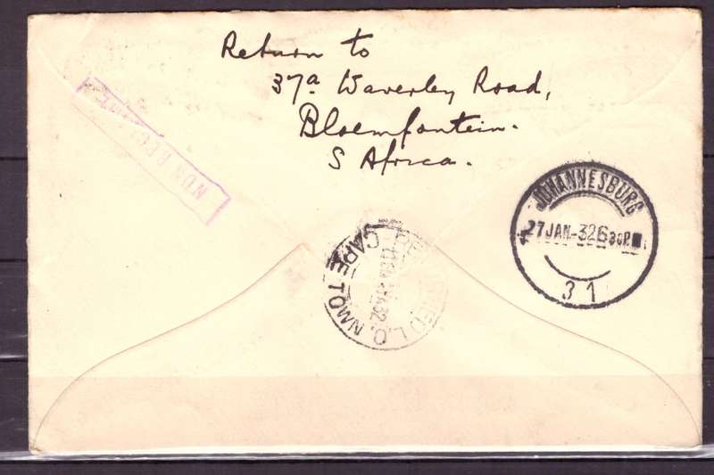 UNION  of South Africa.  Airmail from Bloemfontein to England 1932 . Cover.